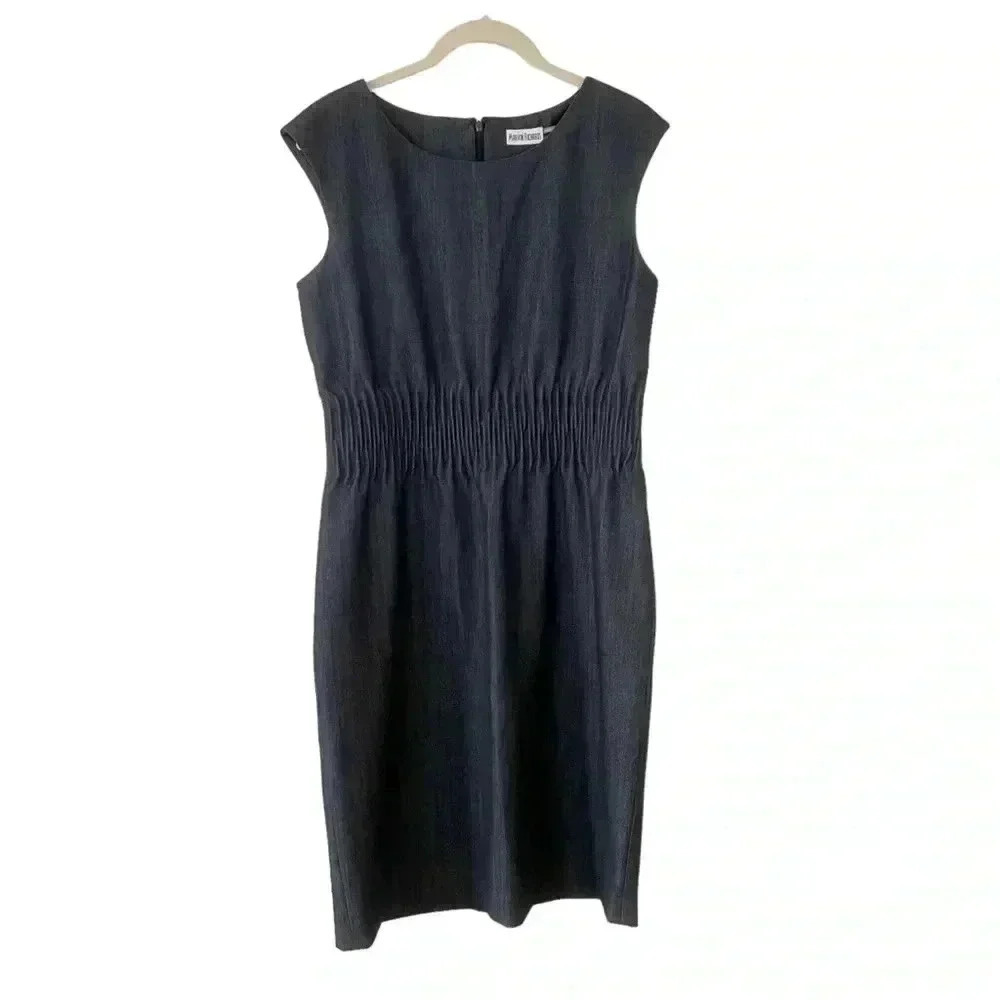 Marvin Richards Blue Grey Sleeveless Dress Size 8 Smocked Stretch Classic Career